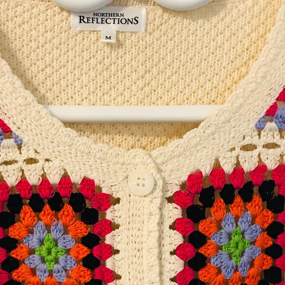 Cardigan/sweater button front crochet granny square patchwork women's M cotton - Picture 2 of 7